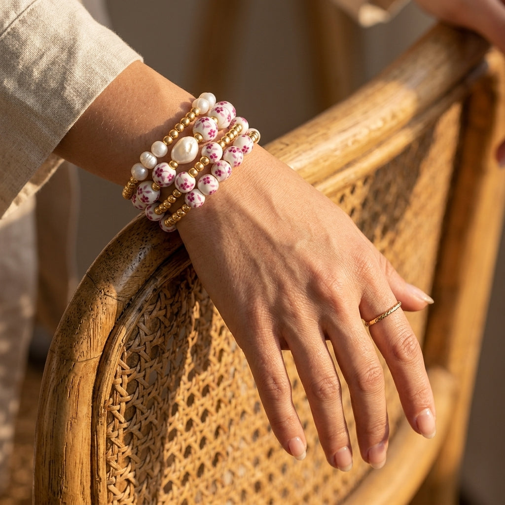 Porcelain Garden Rose Blossom Bracelet Set