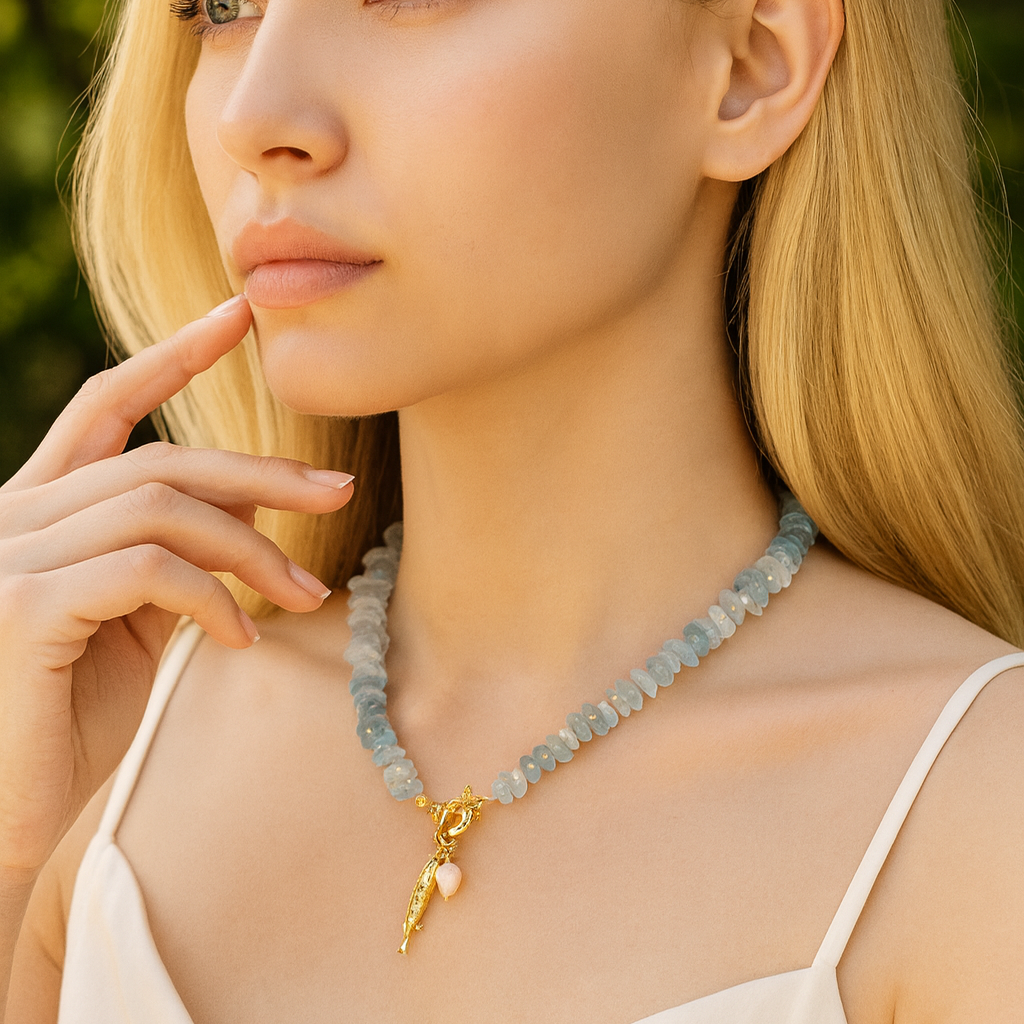 Aquamarine Pearl Charm Necklace