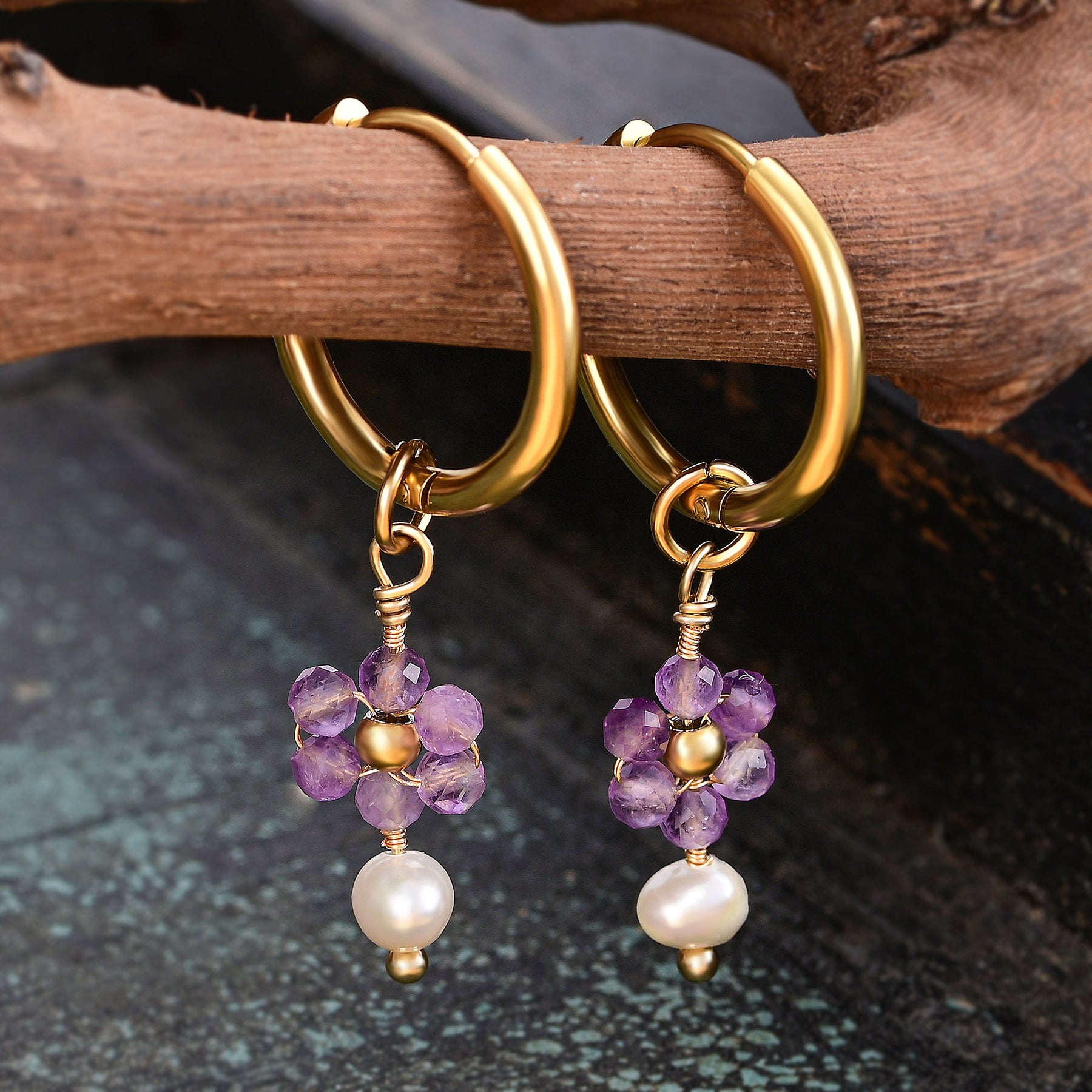 Amethyst Blossom Pearl Hoop Earrings