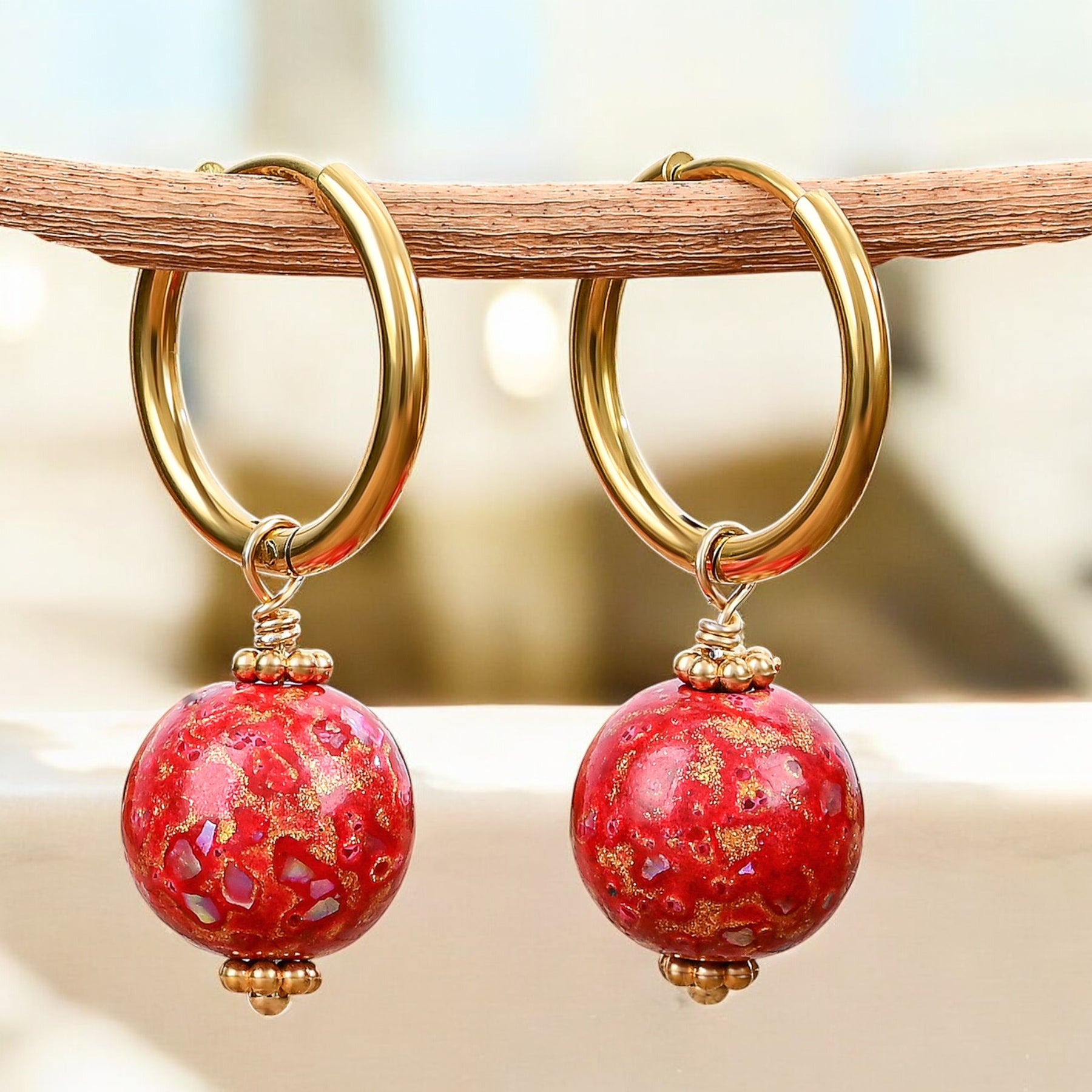 Crimson Orbit Speckle Orb Hoop Earrings