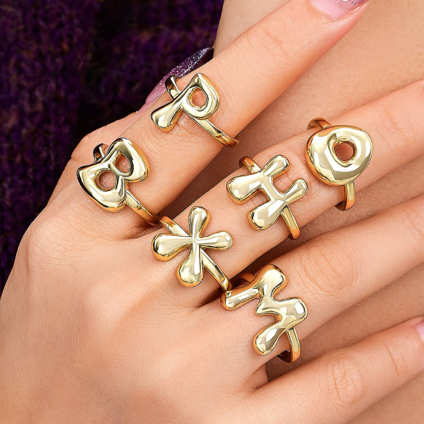 Golden Glow Bubble Letter Initial Ring