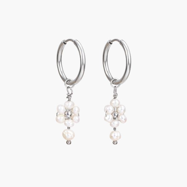 Silver Pearl Blossom Hoop Earrings