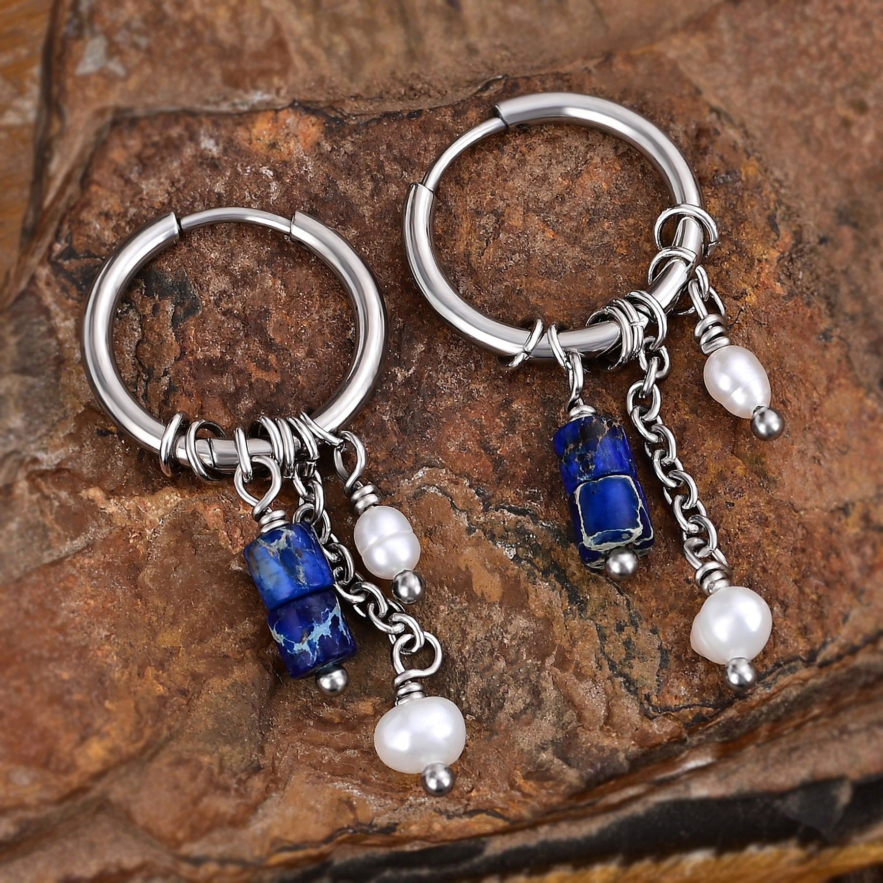 Silver Lapis Drop Hoop Earrings