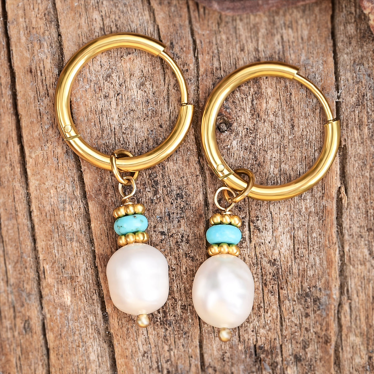 Golden Grace Pearl & Turquoise Agate Hoop Earrings