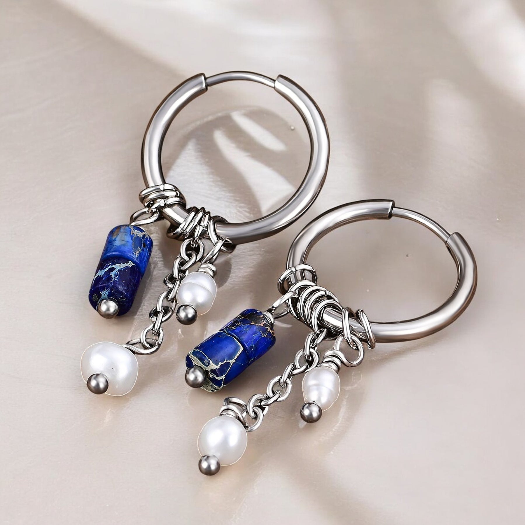 Silver Lapis Drop Hoop Earrings