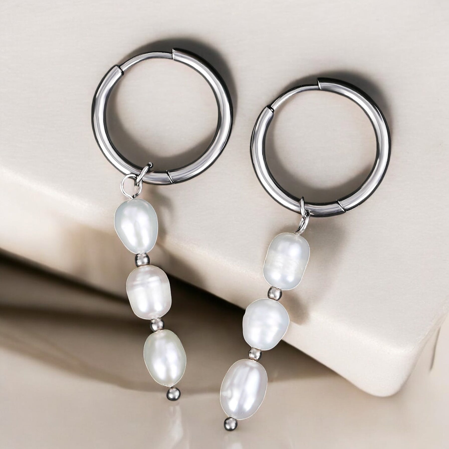 Silver Lustrous Cascade Pearl Hoop Earrings