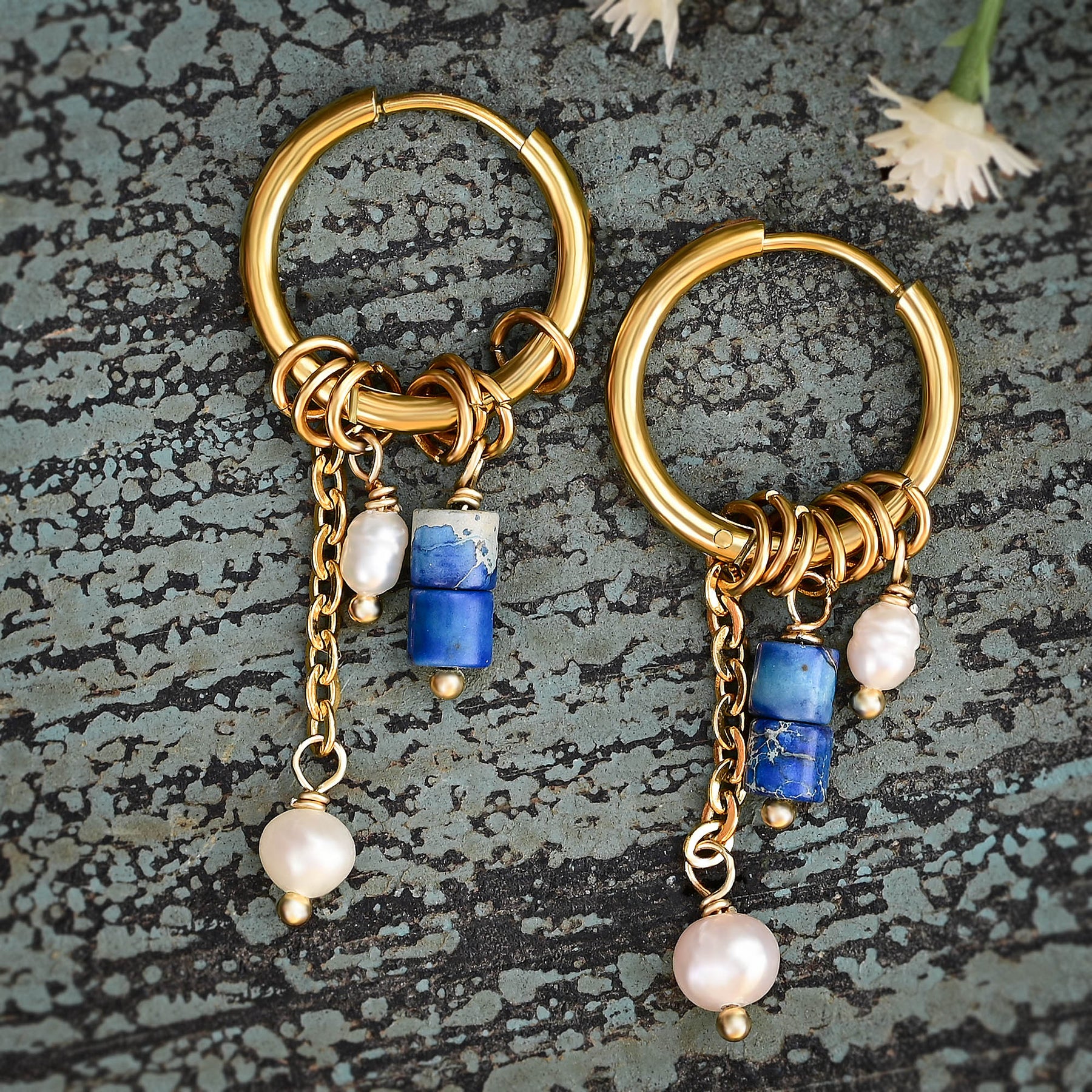 Golden Lapis Bloom Drop Hoop Earrings