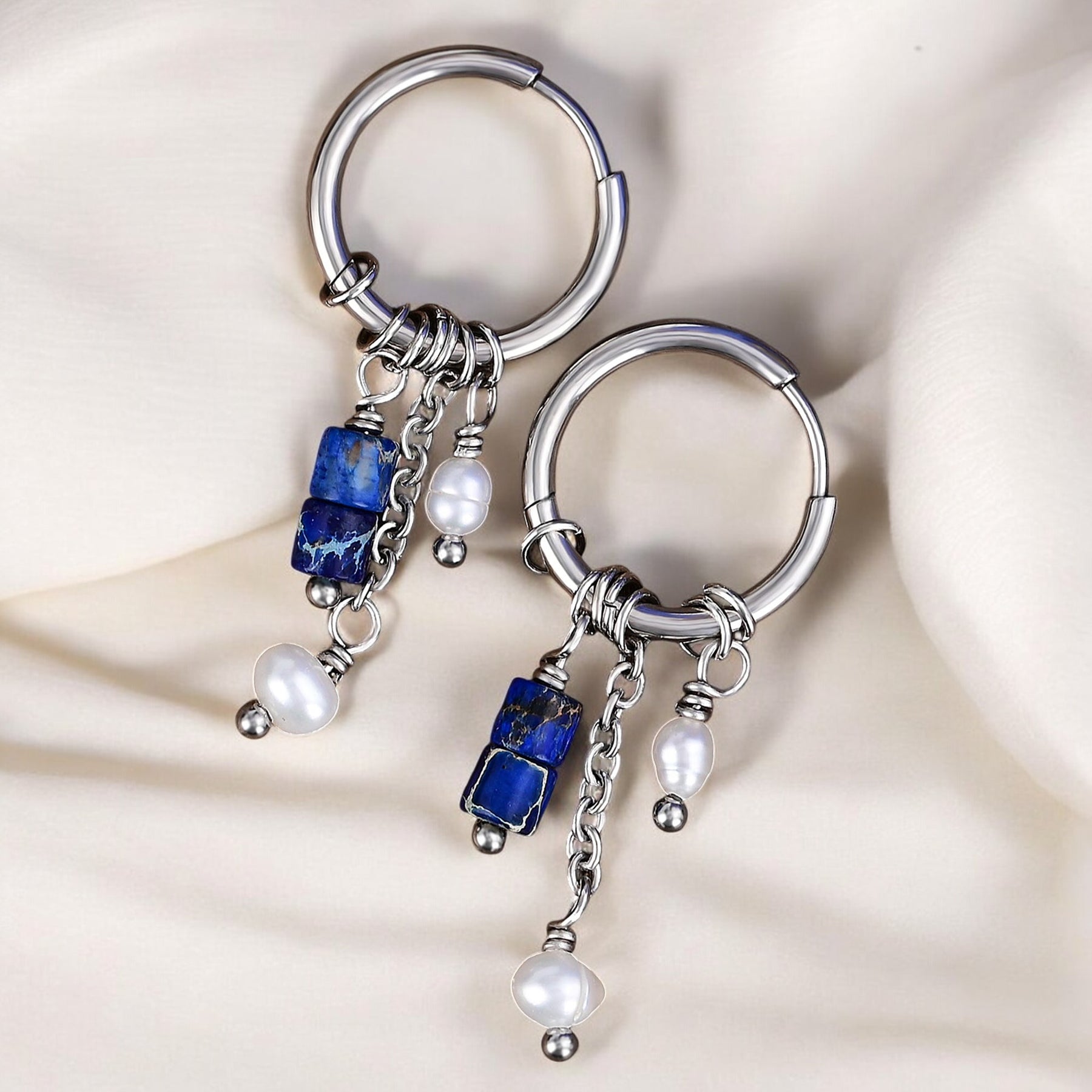 Silver Lapis Drop Hoop Earrings