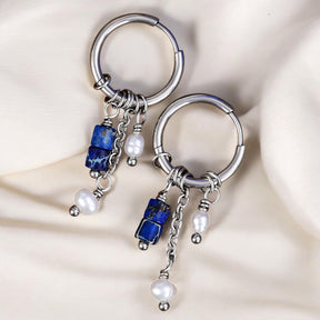 Silver Lapis Drop Hoop Earrings