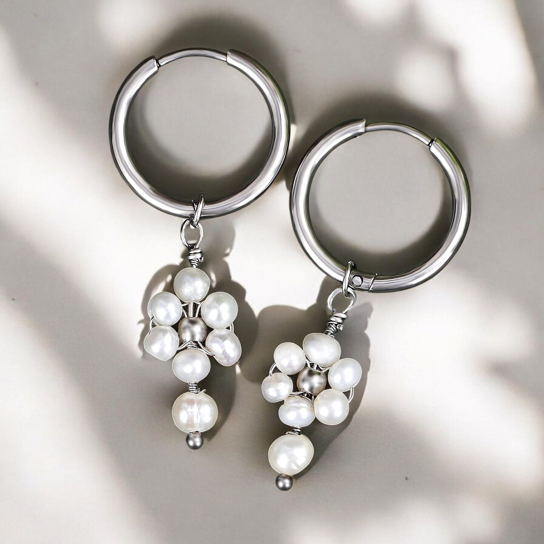 Silver Pearl Blossom Hoop Earrings