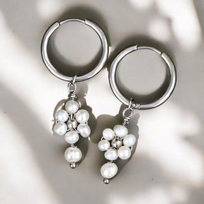 Silver Pearl Blossom Hoop Earrings