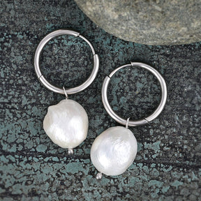 Silver Pearl Charm Hoop Earrings