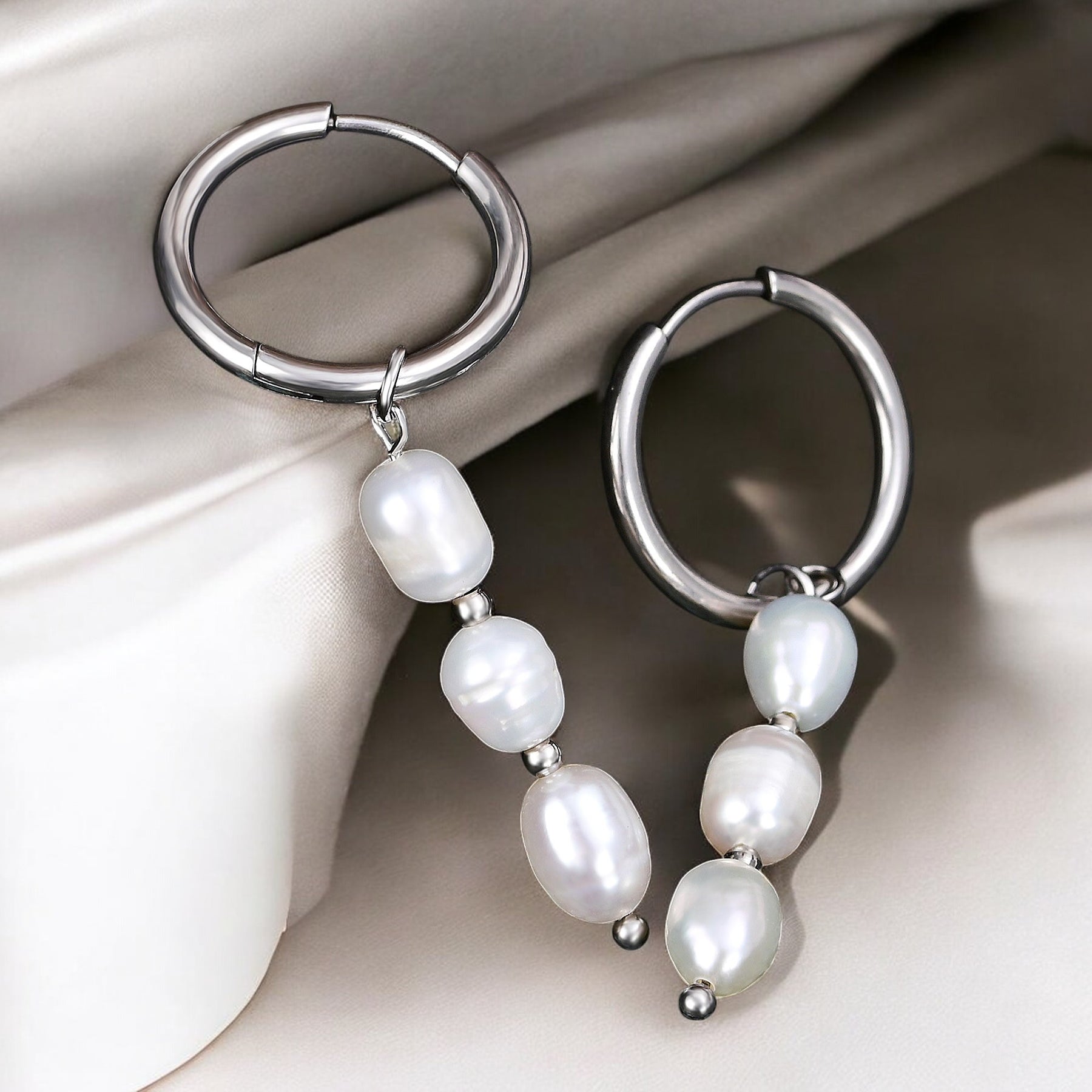 Silver Lustrous Cascade Pearl Hoop Earrings