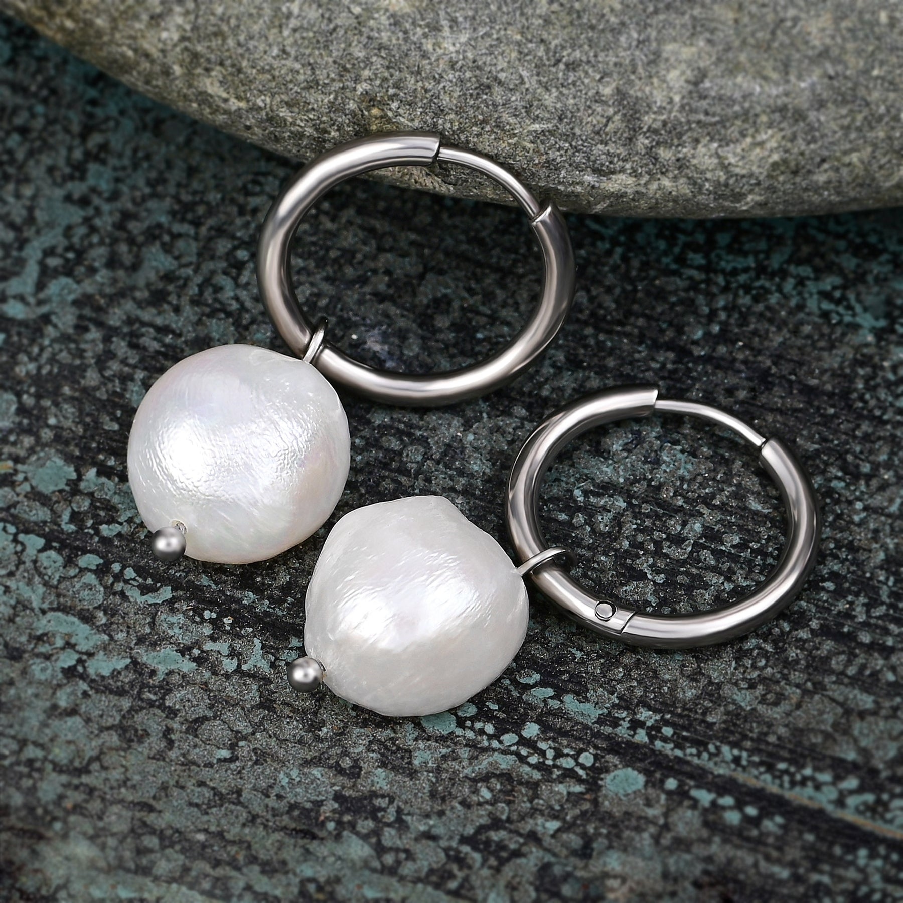 Silver Pearl Charm Hoop Earrings