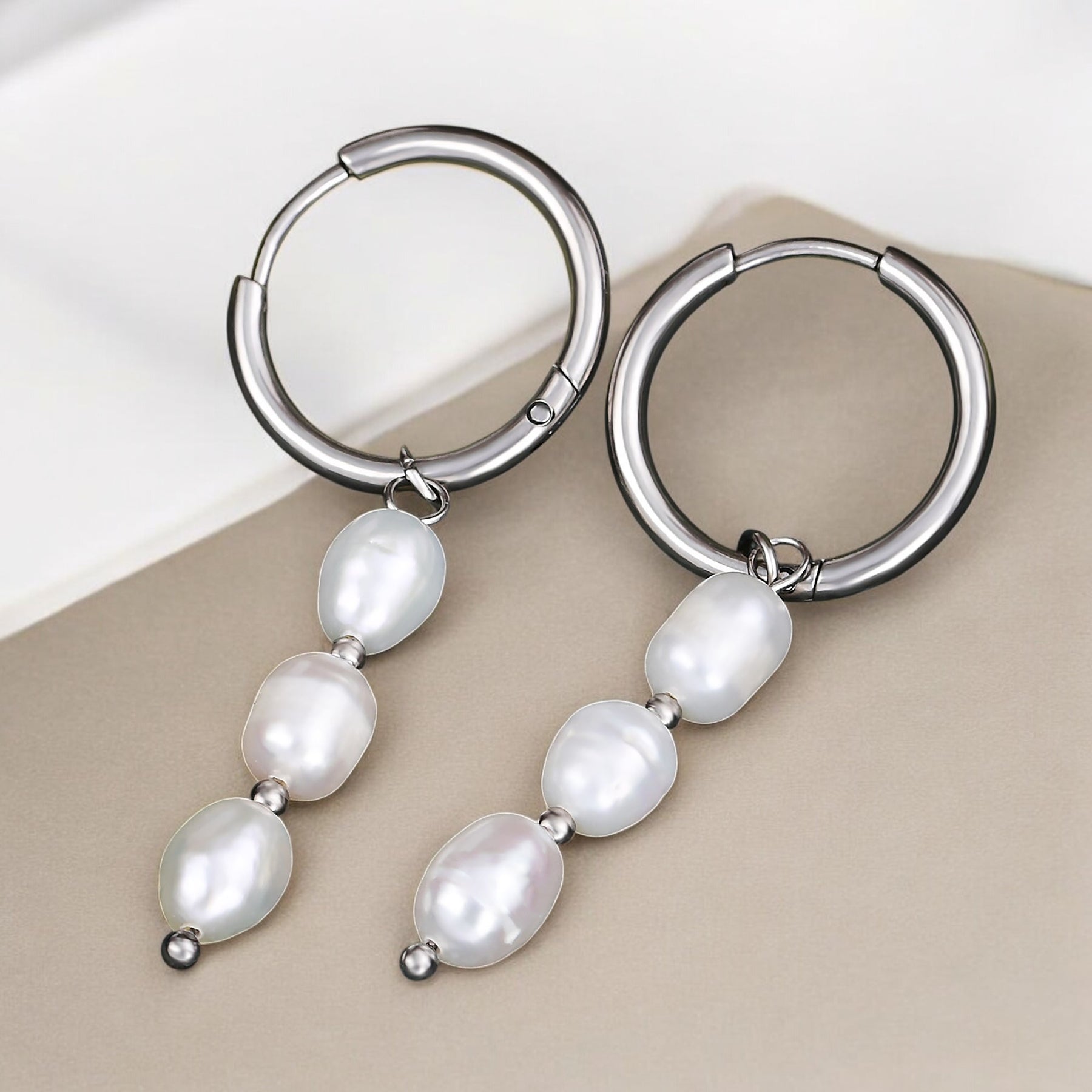 Silver Lustrous Cascade Pearl Hoop Earrings