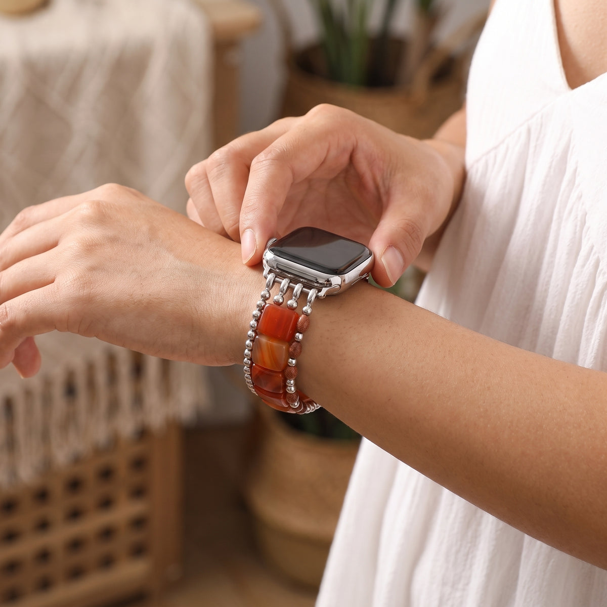 Midnight Bloom Tourmaline Stretch Apple Watch Strap Silver